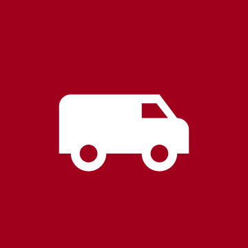 White delivery van icon on a red background.