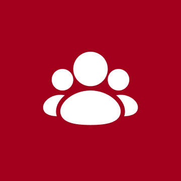 Three white user icons on a red background, with one larger icon in front and two smaller icons partially behind it.
